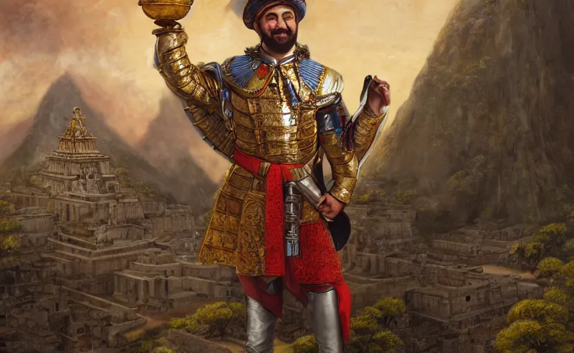 Image similar to smiling spanish conquer soldier francisco pizarro holding golden cup on a inca temple, wide view, high detailed, full perfect, symmetrical portrait, high detail, by craig mullins, peter mohrbacher, unreal engine, octane rendered, 8 k, dark beauty, trending on artstation