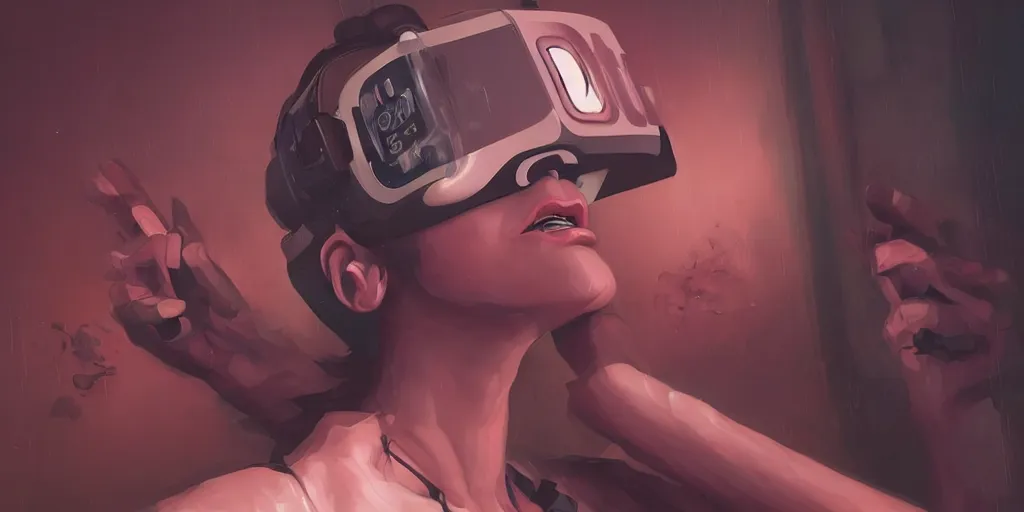 Prompt: a woman with a vr headset swallows a pill and hallucinates, cyberpunk art by keiichi koike, trending on cgsociety, retrofuturism, reimagined by industrial light and magic, darksynth, sci - fi