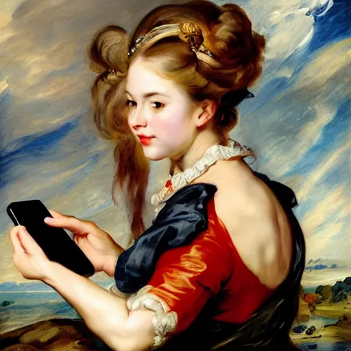 Image similar to heavenly summer sharp land sphere scallop well dressed lady taking a selfie with her iphone auslese, by peter paul rubens and eugene delacroix and karol bak, hyperrealism, digital illustration, fauvist, iphone