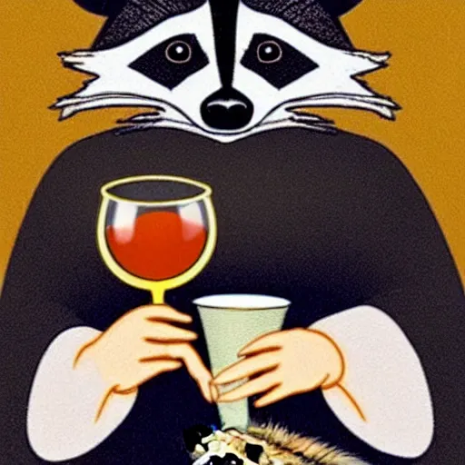 Image similar to a photograph of a racoon wearing a night gown holding a cup of wine