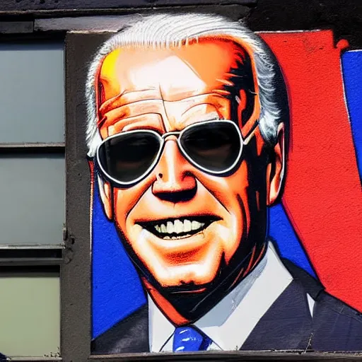 Prompt: graffiti of joe biden with sunglasses and a shotgun