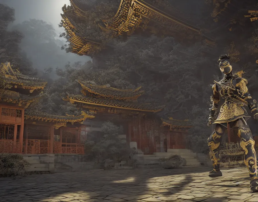 Image similar to shadow ninja in old asian temple, beautiful texture, beautiful graphics, fantasy artwork, very beautiful scenery, hd, hdr, ue 5, ue 6, unreal engine 5, cinematic 4 k wallpaper, 8 k, ultra detailed, by popular digital, details, beautiful image ever created, high resolution, artstation, award winning