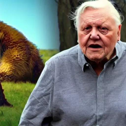 Prompt: evil david attenborough with red eyes destroys the environment, horror, full body, dystopian future