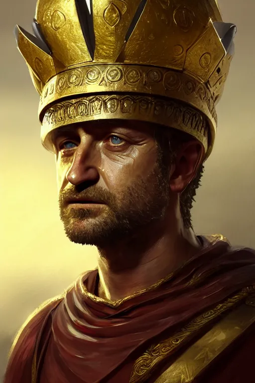 Image similar to portrait gerard butler as a greek king with a watermelon helmet, greek, intricate, headshot, key visual, conceptart, ambient lighting, highly detailed, digital painting, artstation, concept art, sharp focus, by makoto shinkai and akihiko yoshida and greg manchess