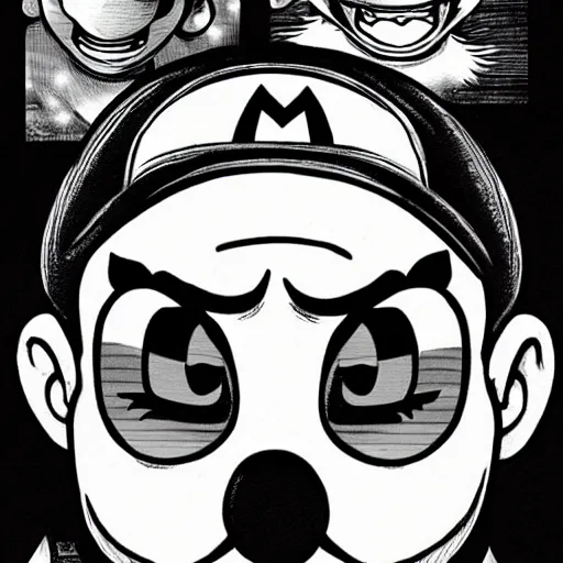 Image similar to Super Mario portrait in the style of Junji Ito. Manga. Black & White. Gothic. Horror. Exquisitely detailed. 4K.