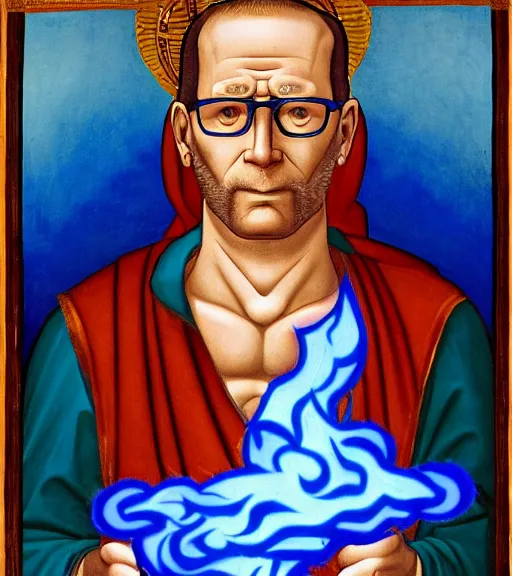 Image similar to hank hill as the god of propane, white tshirt, blue jeans, surrounded by blue fire and blue flames, renaissance religious painting, late gothic religious paintings, byzantine religious art, painting by duccio di buoninsegna and carlo crivelli, trending on artstation