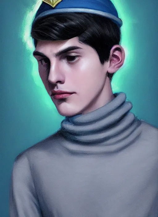 Image similar to portrait of teenage jughead jones wearing a light grey crown, crown, blue turtleneck, 1 9 5 0 s, closed eyes, photorealistic, black hair, glowing lighting, intricate, elegant, glowing lights, highly detailed, digital painting, artstation, concept art, smooth, sharp focus, illustration, art by wlop, mars ravelo and greg rutkowski