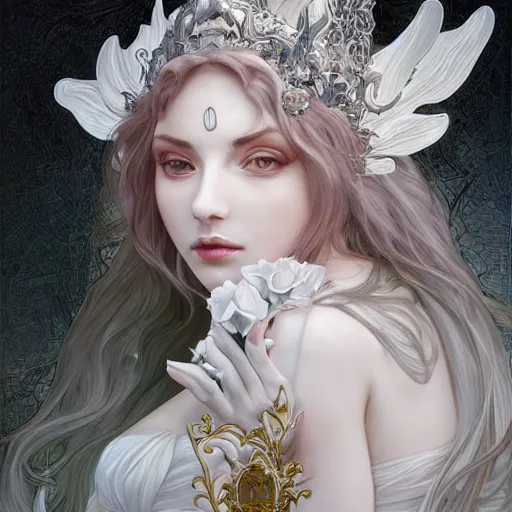 Image similar to a photograpic portrait of a anthropomorphic rose wearing white clothes, Dark souls themed, fantasy, intricate, elegant, highly detailed, digital painting, artstation, concept art, smooth, sharp focus, illustration, art by artgerm and H R Giger and alphonse mucha