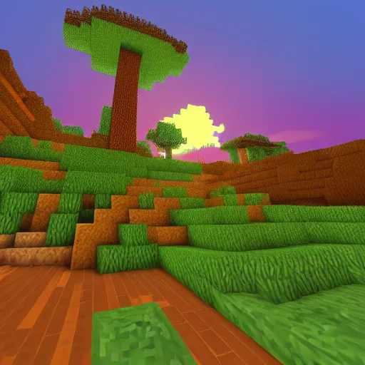 Image similar to next generation minecraft, pretty foliage, orange sunset, hearthstone, runterra