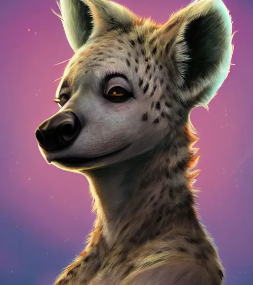 Image similar to digital detailed art of furry female hyena, in style of zootopia, fursona, furry, furaffinity, deviantart, wearing astronaut outfit, floating in space, space background, hyena fursona, cyberpunk, detailed face, style of artgerm,