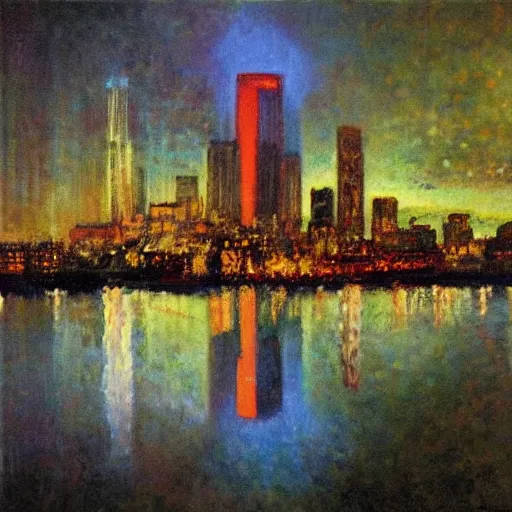 Image similar to impressionistic full - color painting of a distorted mirror reflecting a nightmarish boston downtown skyline in 1 9 2 5 at night with a horrifying sky, aerial view, dark, brooding, night, atmospheric, horror, cosmic, ultra - realistic, smooth, highly detailed by dave dorman