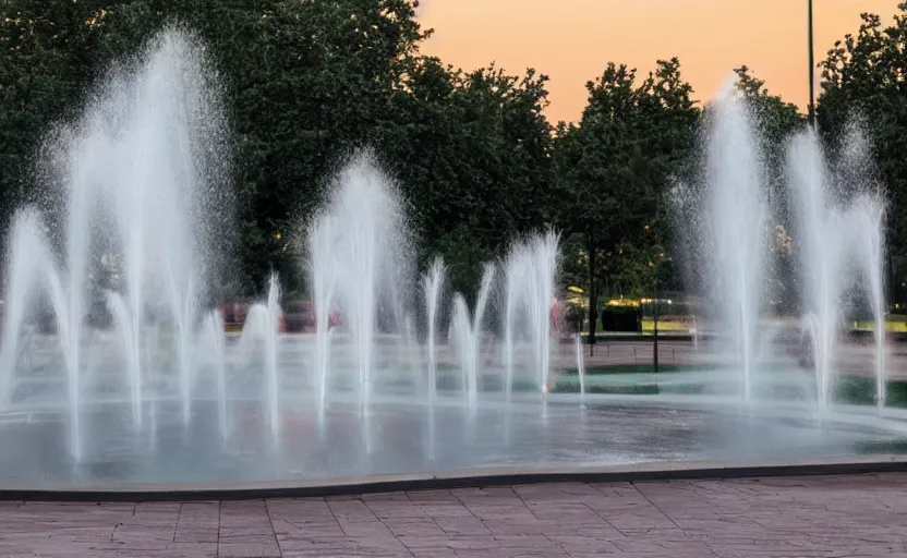 Prompt: a beautiful photo of a roundabout with a fountain shooting fire instead of water, sunset lighting, intricate detail, photorealistic