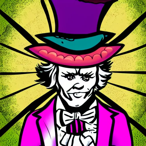 Image similar to mad - hatter - the - lunatic - madman as an nft - comic - art made by pop wonder, svg comic style, vector - artwork made in adobe - illustrator