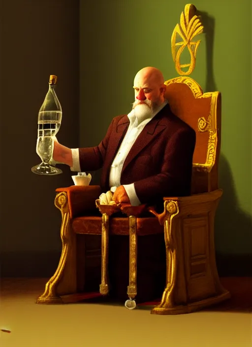 Image similar to king on a throne with a water - filled tankard in his hand in the style of michael sowa, detailed, 4 k, beautifully lit, from a film, cinematic, artstation