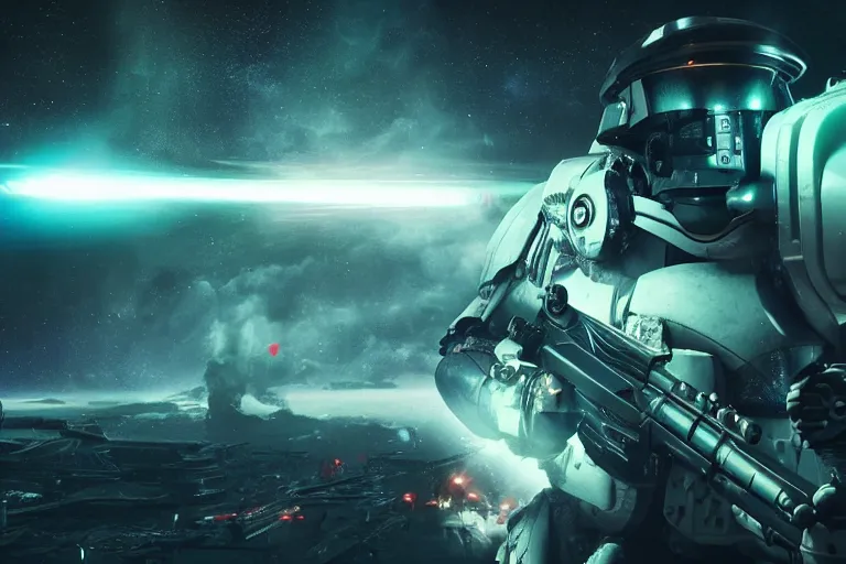 Image similar to VFX movie of a futuristic inhuman alien spacemarines in future spaceship, firing gun at space pirates detailed creature skin neon lighting by Emmanuel Lubezki