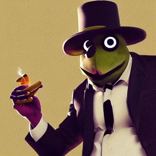 Image similar to a high quality photo of an antropomorphic mafia frog wearing a suit smoking a cigar, 3d scene, render, ultra realistic, artstation, cgsociety