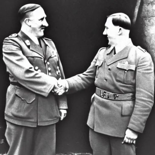 Image similar to adolf hitler shaking hands with shrek at the peace meetings, 1 9 4 0, recolored, vintage
