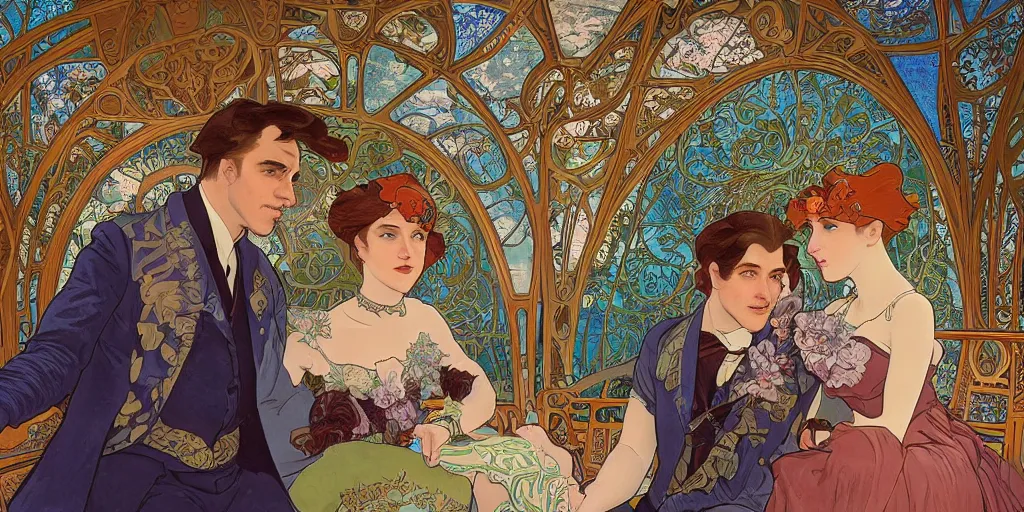 Prompt: incredibly beautiful breathtakingly detailed colour art nouveau photograph group portrait of an amazingly cool odd characterful couple sat down, in the inside of the beautiful underwater train to atlantis, every face amazingly clear detailed with lifelike expressions, full of crowd of people sat down wearing unusual clothes, by alphonse mucha and greg hildebrandt, ultra wide angle, 4 k