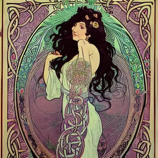 Image similar to lady with long curly hair with a cat beside her, celtic spread tarot cards on a table in front of her, elegant face, in a gypsy tent with Alphonse Mucha art nouveau poster style, with thin lines and pastel colors,