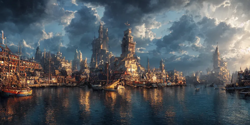 Prompt: beautiful seventeenth century harbour city, vivid colors, gorgeous clouds, god rays, digital art, landscape, fantasy art, octane render, ureal engine, high detail, very realistic, by giger