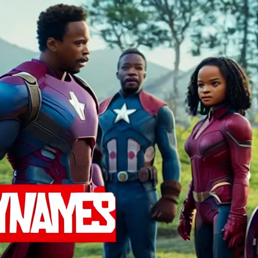 Image similar to a film still of kyla pratt meeting the avengers in 2020