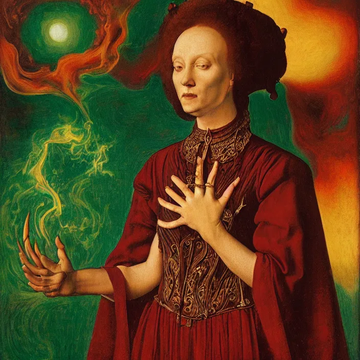 Prompt: a closeup portrait of a horned woman, opening her chest, casting green into a flame, in a heart nebula, heart nebula, golden hour, by jan van eyck
