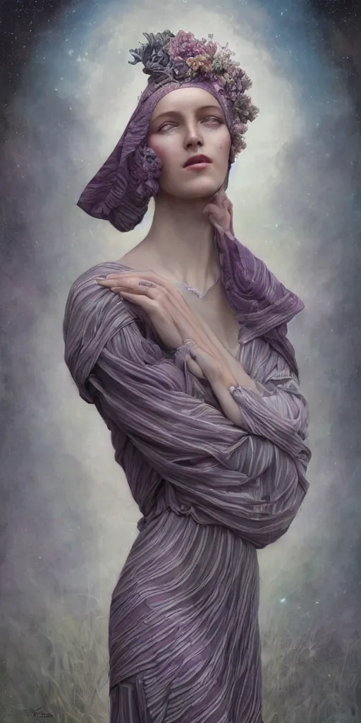 Prompt: a beautiful hyperrealistic solarpunk portrait pose of a stunning Art Deco model in a striped mauve-and-soot dress, intricate, elegant, highly detailed, smooth, sharp focus, award-winning, masterpiece, in the style of Tom Bagshaw, Cedric Peyravernay, Peter Mohrbacher