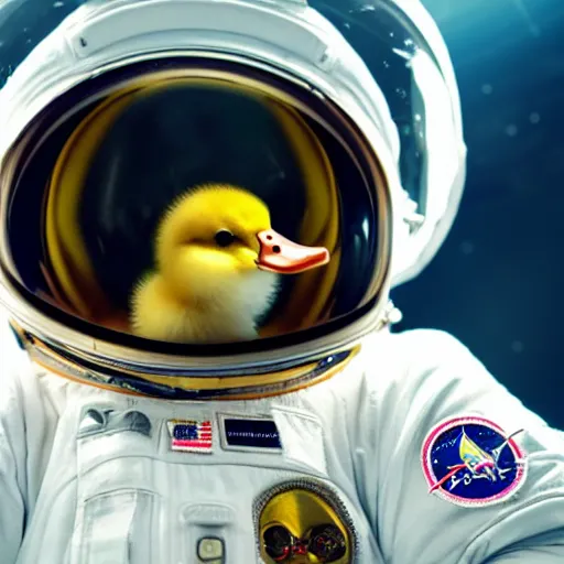 Image similar to A still of a little duckling dressed as an astronaut floating in space, 4k, photograph, photoreal, realistic, highly detailed, epic lighting, awar winning