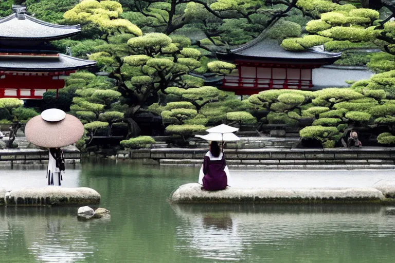 Image similar to cinematography women in kimonos in Kyoto watching joy in a temple pond by Emmanuel Lubezki