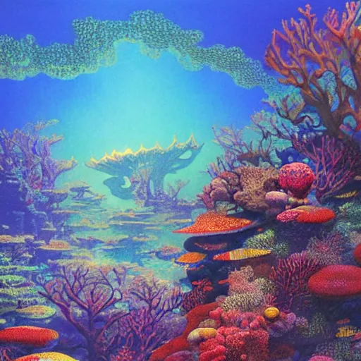 Prompt: a beautiful painting of an enchanting coral reef filled with exotic fish and magical energy by moebius and bruce pennington, studio ghibli art, gradient shading