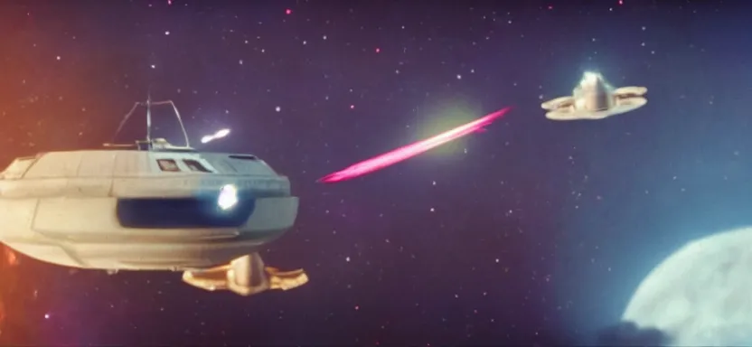 Image similar to a film still of an epic space ufo battle, explosions, wide angle, rule of thirds, colorful, thunderbirds, hbo, 4 k, hd, hyperrealistic, 7 0 mm, cronenberg