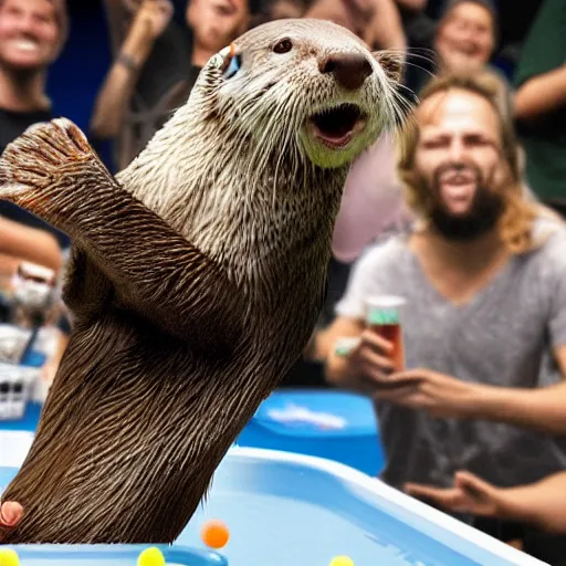 Prompt: otter celebrating winning beer pong tournament ,photo realistic