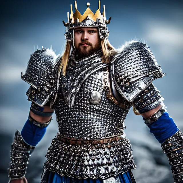 Image similar to full body photo of a beautiful cute strong warrior king wearing sapphire encrusted armour, highly detailed, 8 k, hdr, smooth, sharp focus, high resolution, award - winning photo