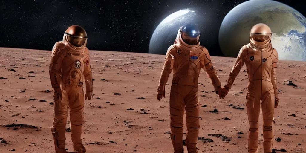 Image similar to elon musk and margot robbie holding hands on mars, highly detailed, hyper realistic