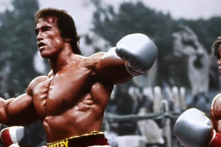 Prompt: film still of Arnold Schwarzenegger as Rocky in Rocky II, 8k,