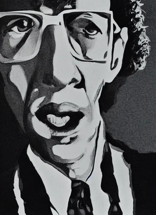 Image similar to portrait of jeff goldblum in the fly ( 1 9 8 6 ), highly detailed, centered, concept art, smooth, sharp focus, illustration, rick griffin, bob fried, victor moscoso, randy tuten, david singer