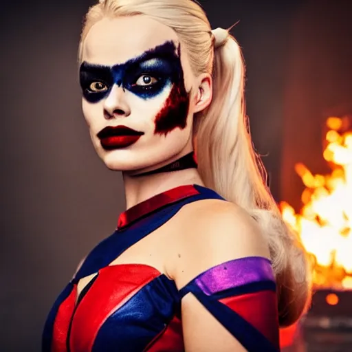 Image similar to photo of Margot Robbie as Harley Quinn, fire in background, bokeh, medium full shot, highly detailed skin and detailed face, flares, multicolor smoke