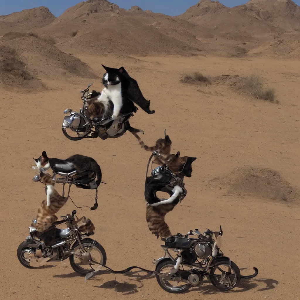 Image similar to an image of a cat riding a motercycle through the desert