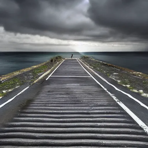 Image similar to You bicycling on a concrete path entering the murky ocean:POV+ultra hyperrealistic+detailed+high quality+ photorealistic+photography+HD+