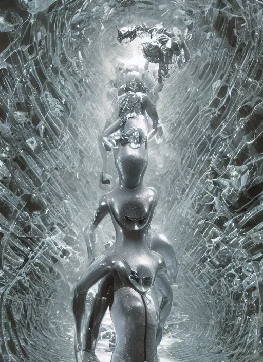 Image similar to astronauts in dark and empty void underwater - complex and hyperdetailed technical suit. reflection and dispersion materials. rays and dispersion of light. volumetric light. 5 0 mm, f / 3 2. noise film photo. flash photography. ultra realistic, wide angle. poster by wayne barlowe, hajime sorayama aaron horkey, craig mullins