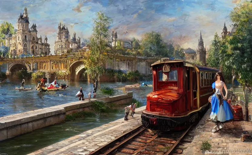 Prompt: Beautiful alchemy urban train that rides inside of a waterway on a fantasy city, next to a fountain and a mystical palace. By Konstantin Razumov, highly detailded