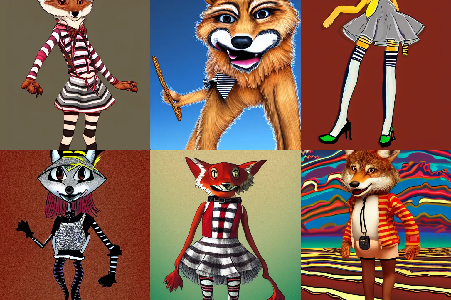 Prompt: A detailed full body portrait of a male anthropomorphic coyote wearing striped stockings and a mini-skirt, digital art, 4k