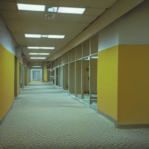 Image similar to 1 9 9 0 s vhs tape still, interior of an empty office building, long corridor with empty rooms, old faded yellow wallpaper, carpet, fluorescent light, suspended ceiling, creepy