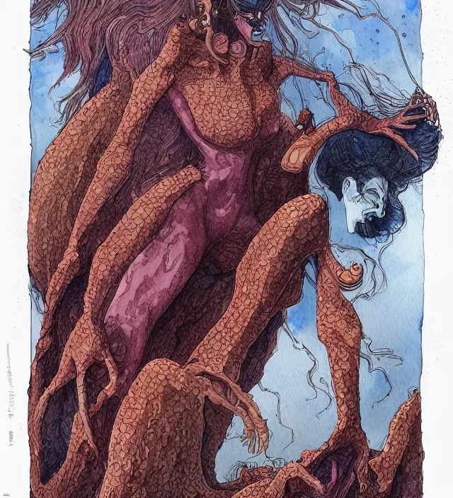 Image similar to a watercolor ink painting of a monstrous inhuman goddess of natural - disasters hiding in the style of jean giraud in the style of moebius trending on artstation deviantart pinterest detailed realistic hd 8 k high resolution