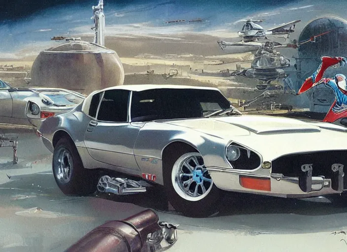 Prompt: ( ( ( ( ( 1 9 8 2 pontiac trans am, jaguar e - type, car concept art, sci - fi illustration, painting, technical illustration ) ) ) ) ) by vincent di fate and john berkey and star wars and danger diabolik!!!!!!!