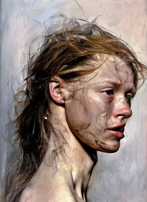 Image similar to high quality high detail painting by jenny saville, hd, a skinny beautiful androgenous person, hair in wind, photorealistic lighting