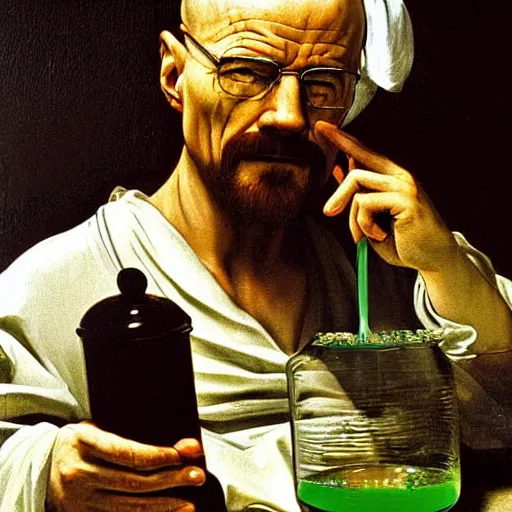 Prompt: Walter White mixing chemicals in a glass beaker, with green gas emitting from it. Painted by Caravaggio, high detail