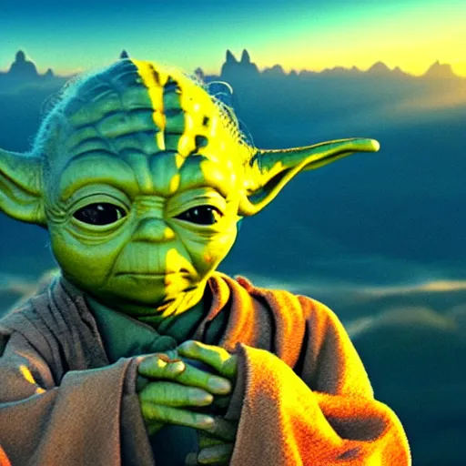 Prompt: yoda meditating on top of a mountain at sunrise, movie still, 4k
