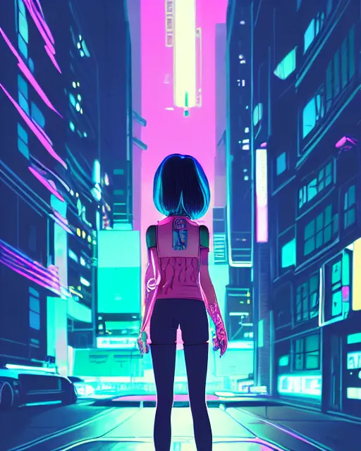 Image similar to digital illustration of cyberpunk pretty girl with pink hair, standing by a blue ford gt in a street at night, under streetlights, by makoto shinkai, ilya kuvshinov, lois van baarle, rossdraws, basquiat