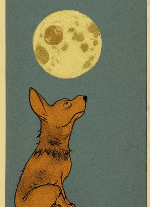 Prompt: small dog silhouette howling at the moon, illustrated by peggy fortnum and beatrix potter and sir john tenniel